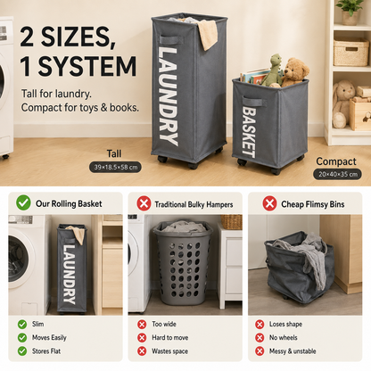 Slim Rolling Laundry Basket with Wheels | Foldable Hamper