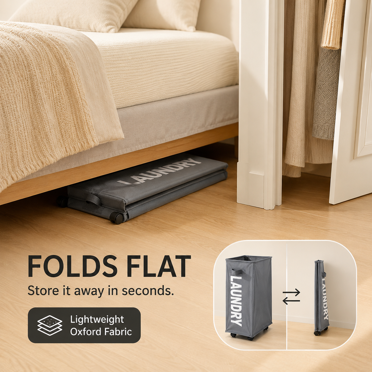 Slim Rolling Laundry Basket with Wheels | Foldable Hamper