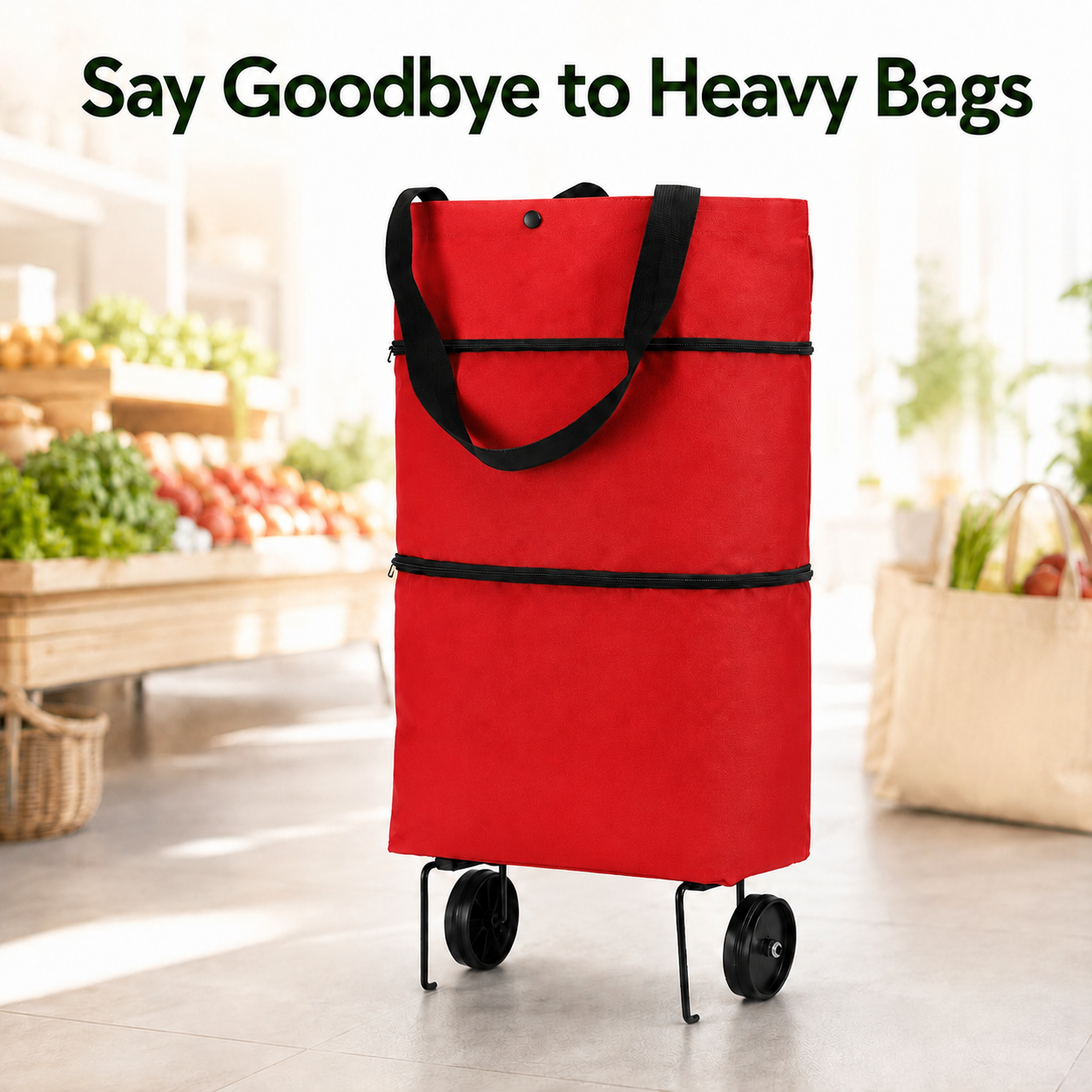 🛍️ Foldable Rolling Shopping Bag | Hands-Free Wheels