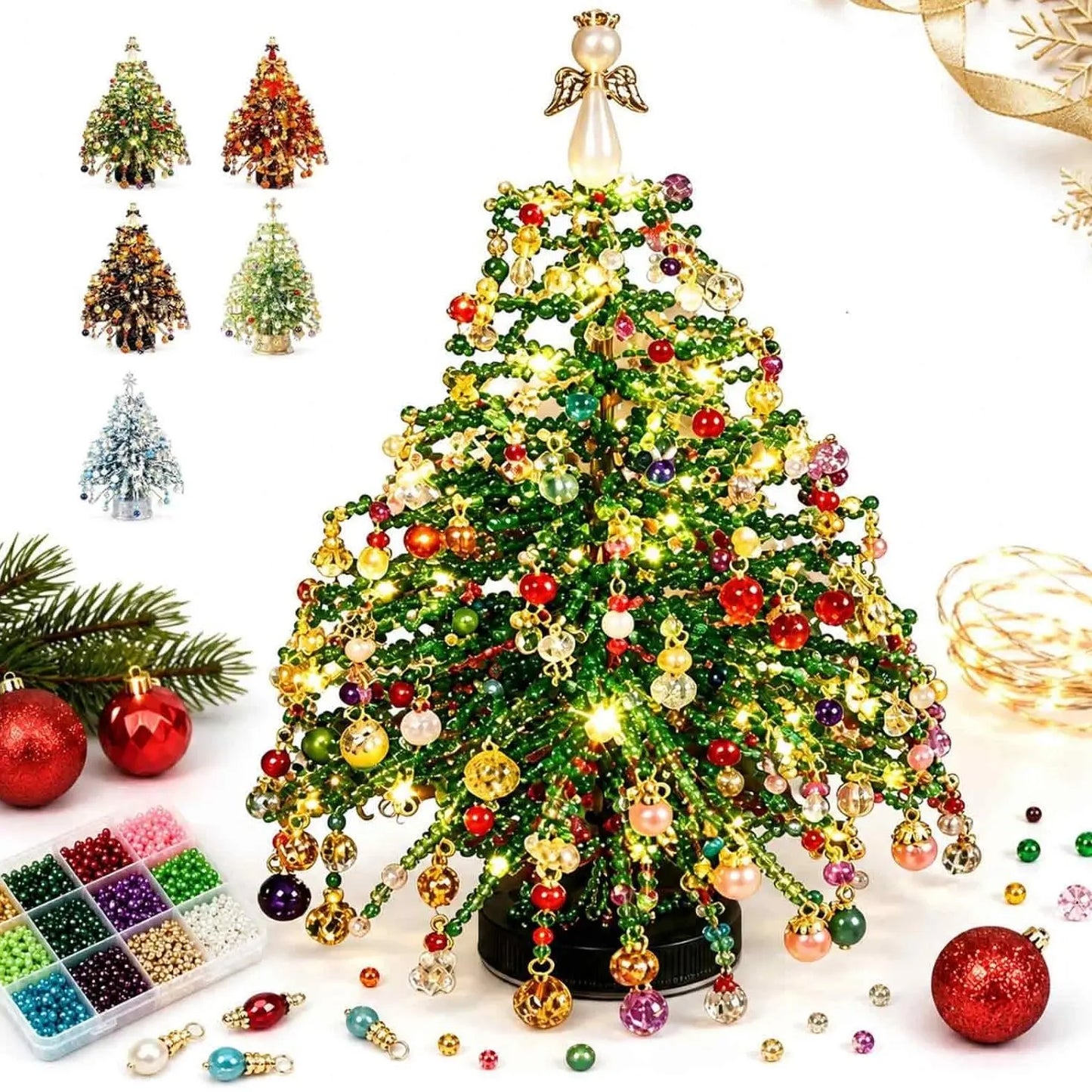 DIY Crystal Bead Christmas Tree Kit with Warm LED Lights