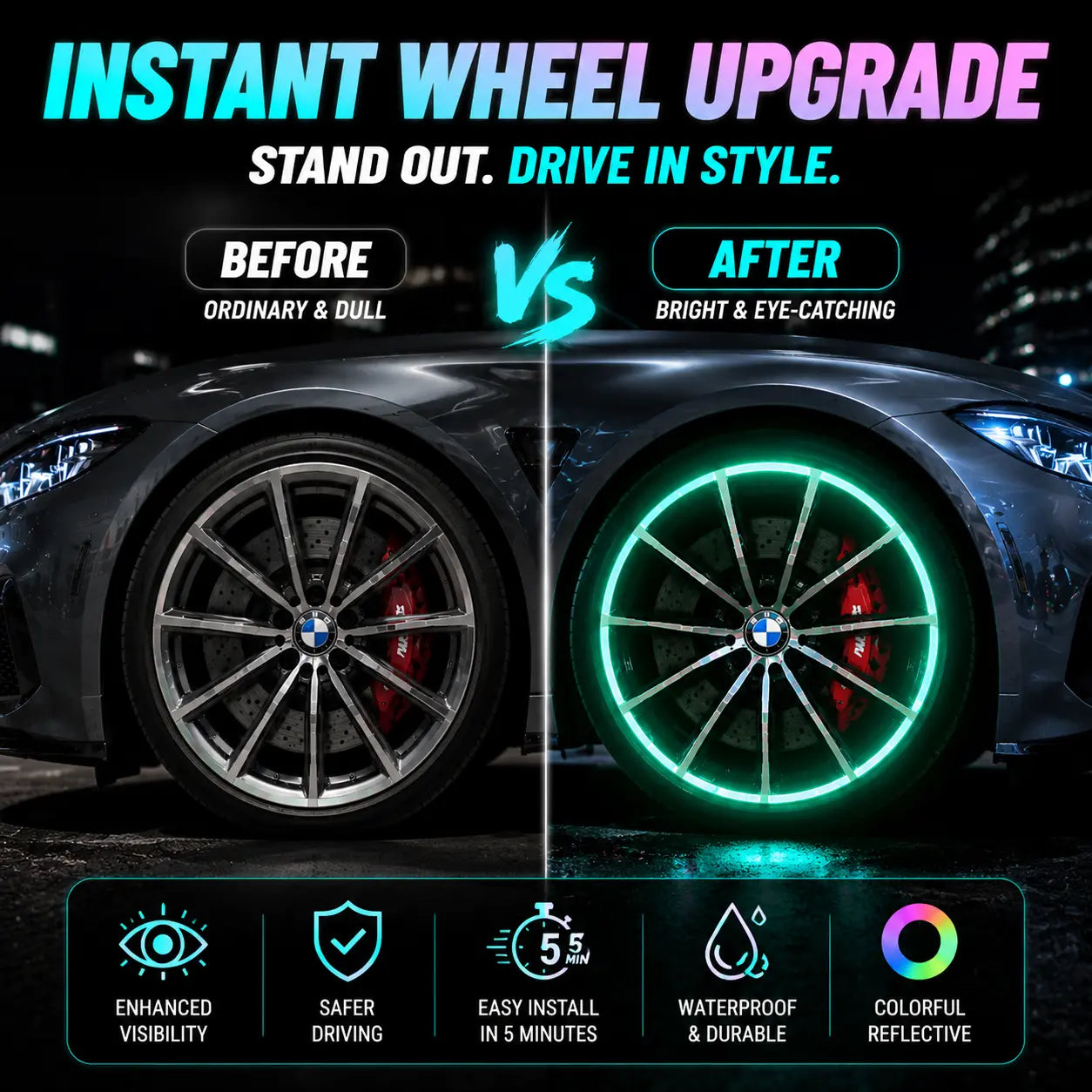 💎 Cyber Neon Glow Wheel Rim Reflective Stickers – Universal Fit for Cars & SUVs 🚘✨