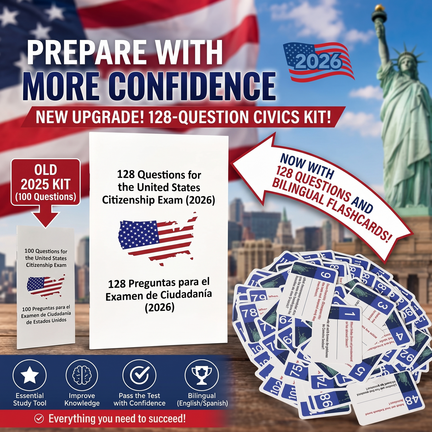 ✨2026 U.S. Citizenship Test Prep Kit | 128 Official Bilingual Flashcards📖