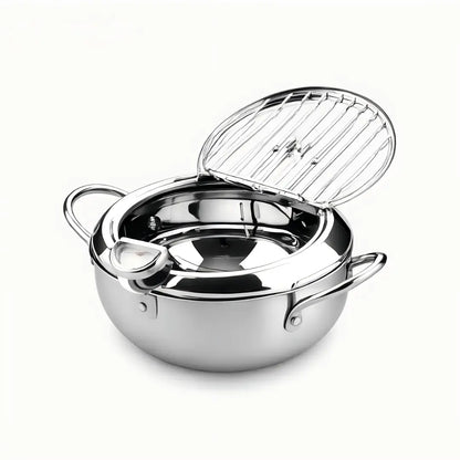 🛡️Premium 304 Stainless Steel🌡️  Deep Fryer Pot with Thermometer & Lid🍟