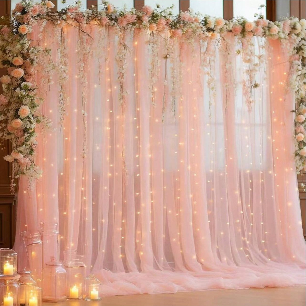 ✨Dreamy Sheer Tulle Backdrop Curtain with Lights for Weddings & Parties🤍