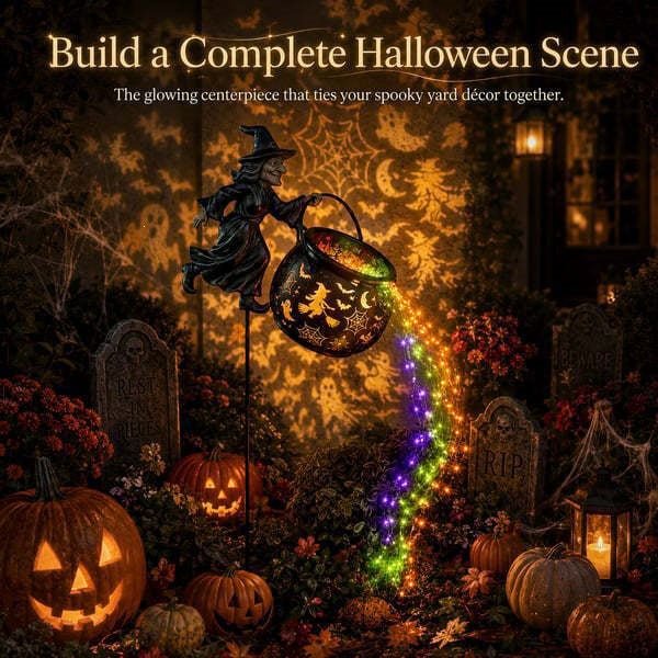 🎃Light Up Flying Witch & Glowing Cauldron Halloween Garden Decor🔥