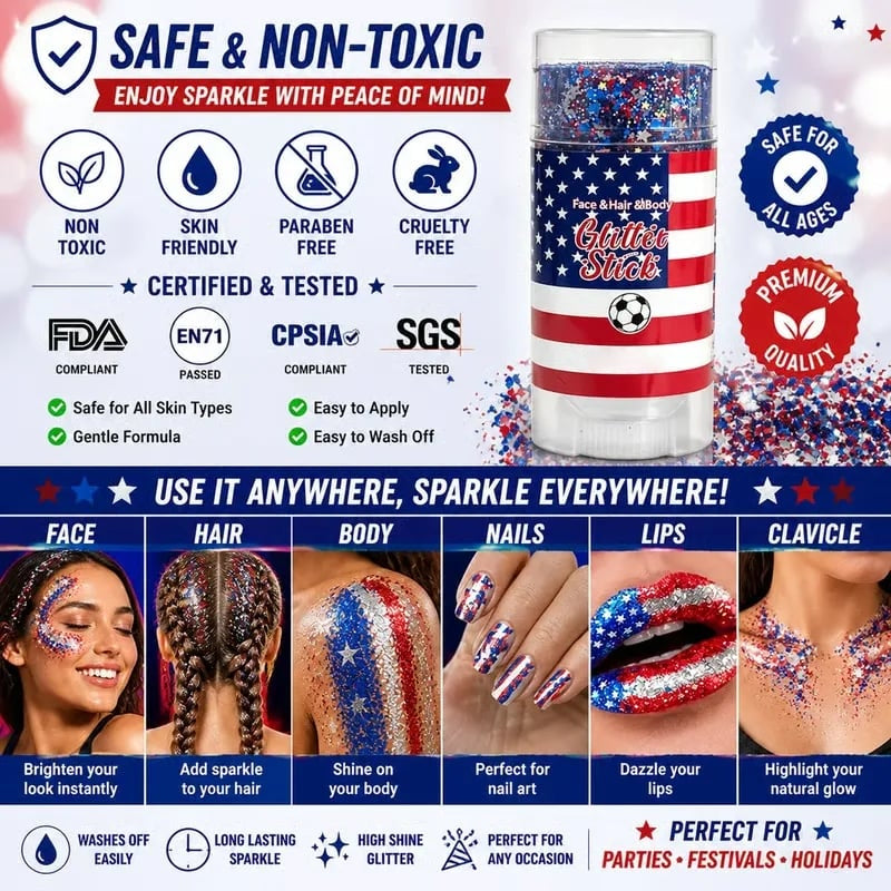 3-in-1 Patriotic Glow😍✨Red, White & Blue Glitter Body Stick