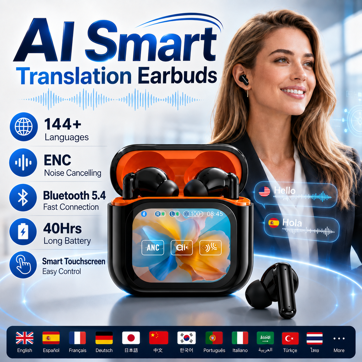 🌐 AI Translator Earbuds with Smart Touch Display