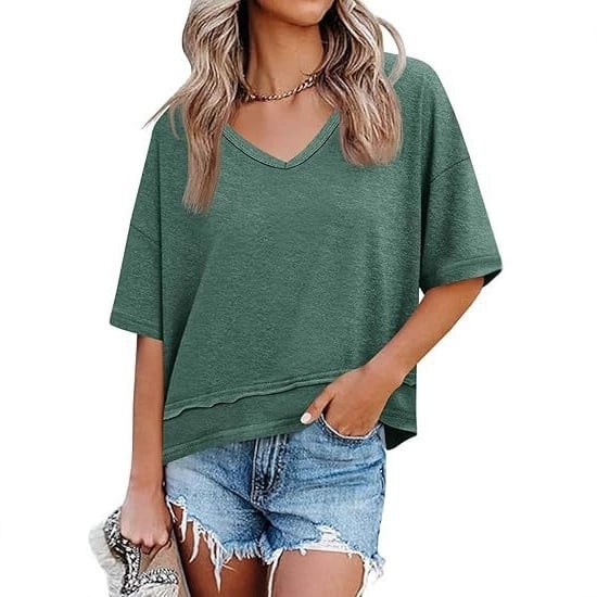 Women Summer V Neck T Shirts Casual Short Sleeve Flowy Tops Cute Loose Fit Basic Tees Summervibes