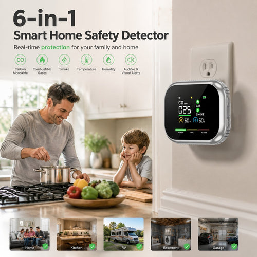 🚨 Smart 6-in-1 Gas Detector – CO Smoke & Gas Leak Alarm With LCD Display
