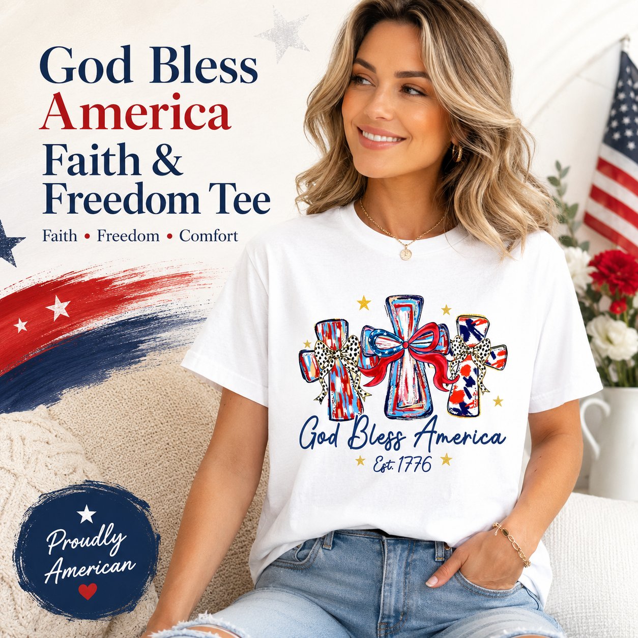 Vintage Washed "God Bless America" Faith & Freedom Tee