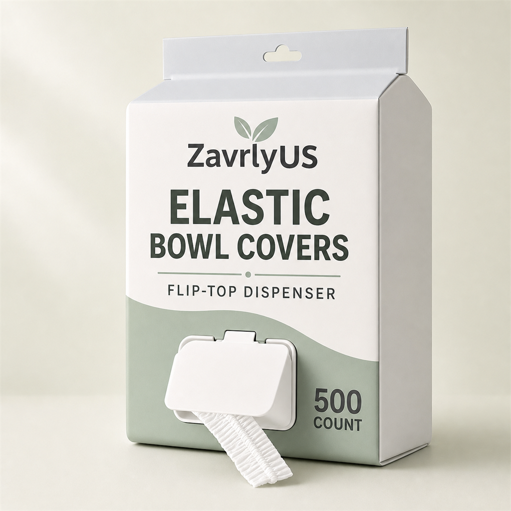 ZavrlyUS elastic bowl covers in a 500-count flip-top dispenser box